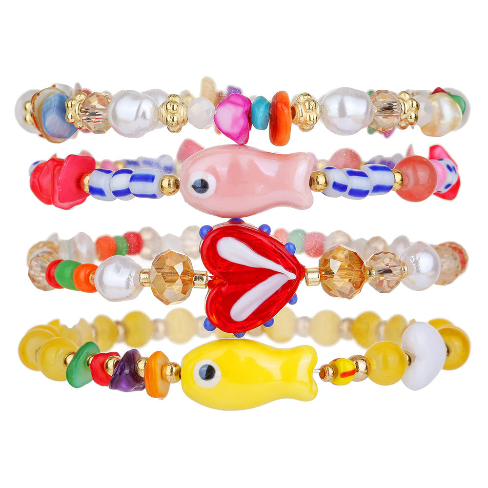 Summer Beach Vacation Wind Beaded Bracelet Ocean Wind Dopamine Ceramic Fish Sweet Glazed Rice Bead Bracelet Female