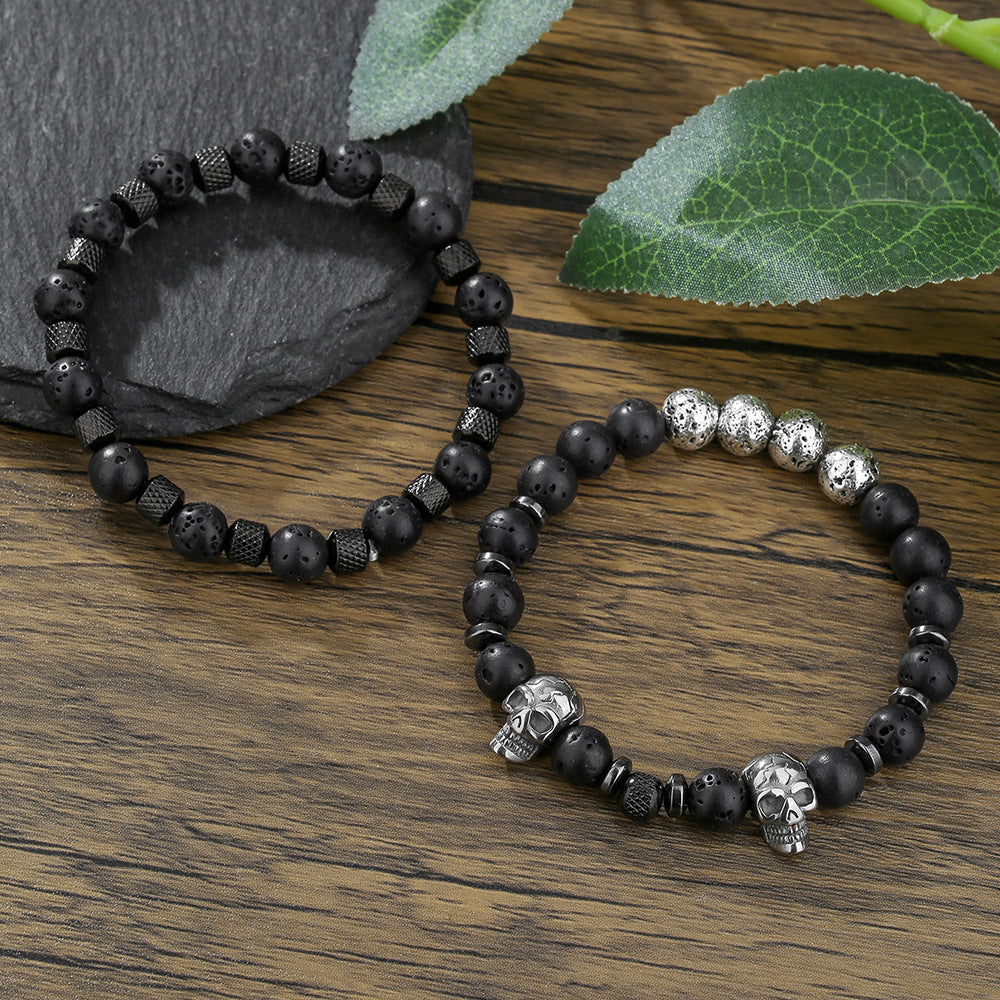 European and American cross-border hot-selling stainless steel skull bracelet men's volcanic stone beaded bracelet non-fading hip-hop bracelet