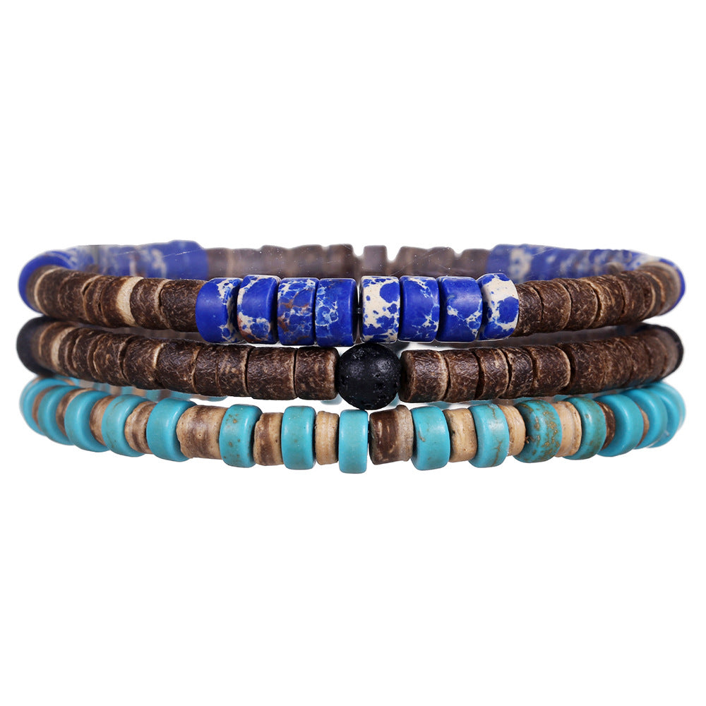 Cross-border hot-selling handmade beaded coconut shell wood chip bracelet men's retro style multi-layer stacked turquoise emperor stone bracelet