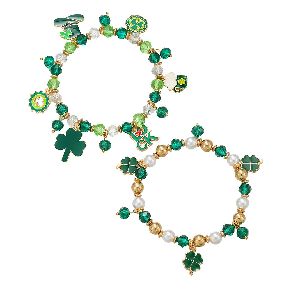 Geometric Crystal Bead Bracelet Women's Small Fresh Clover Pendant Bracelet St. Patrick's Day Green Couple Bracelet