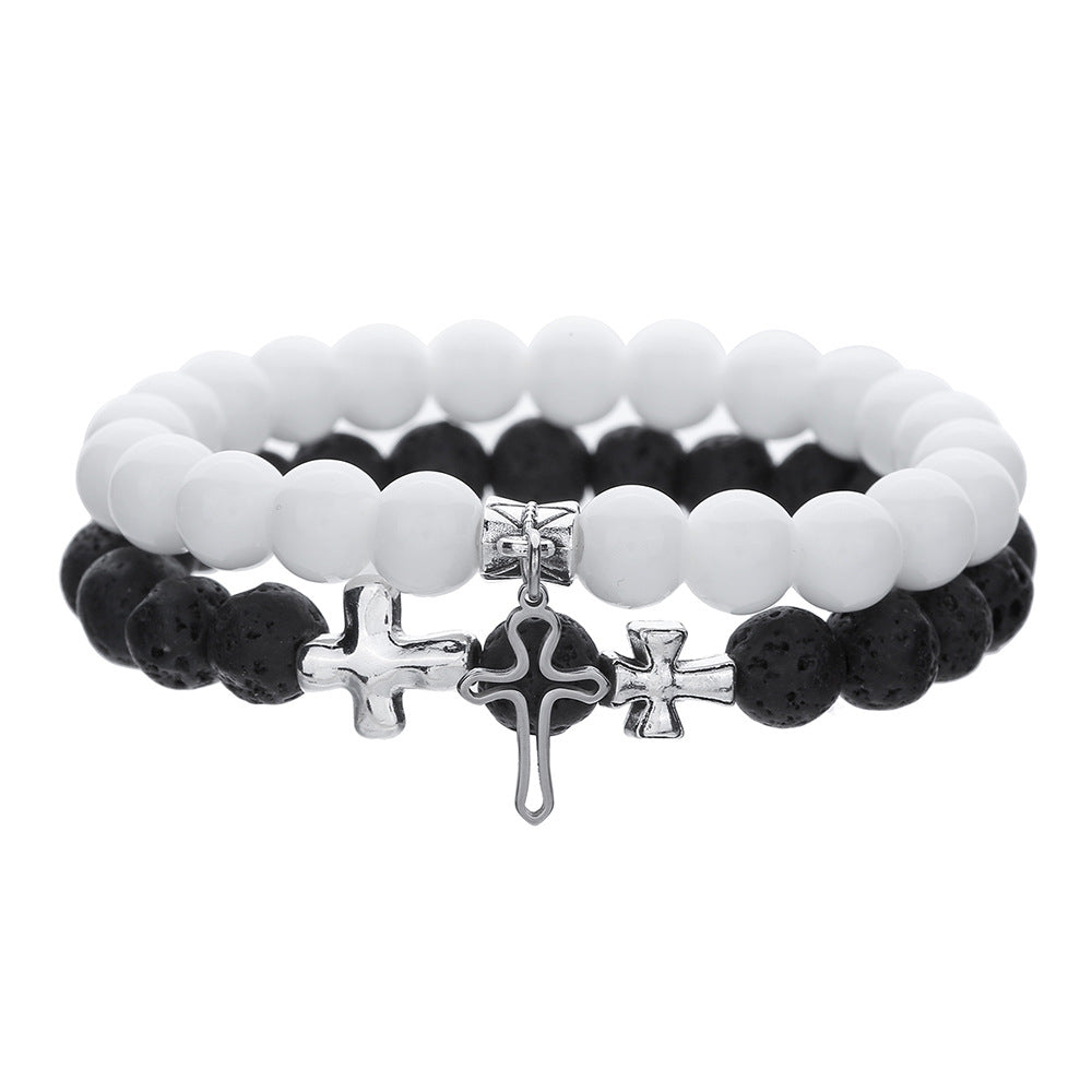 8Mm white pine volcanic stone couple bracelet set, cross-border hot-selling cross astronaut pendant elastic bracelet