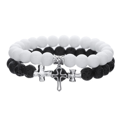 8Mm white pine volcanic stone couple bracelet set, cross-border hot-selling cross astronaut pendant elastic bracelet
