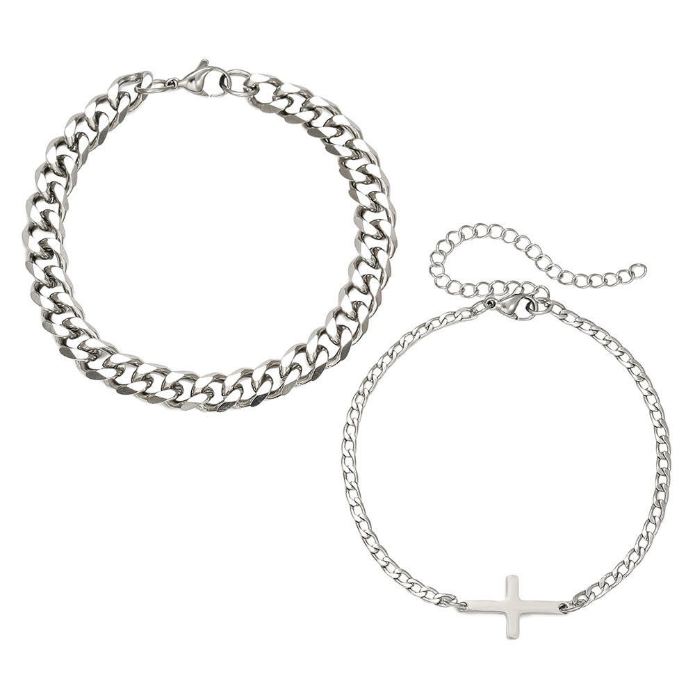 Fashion Cold Wind Stainless Steel Cuban NK Chain Double Layer Stacked Cross Bracelet Men's Hip Hop Street Bracelet Set