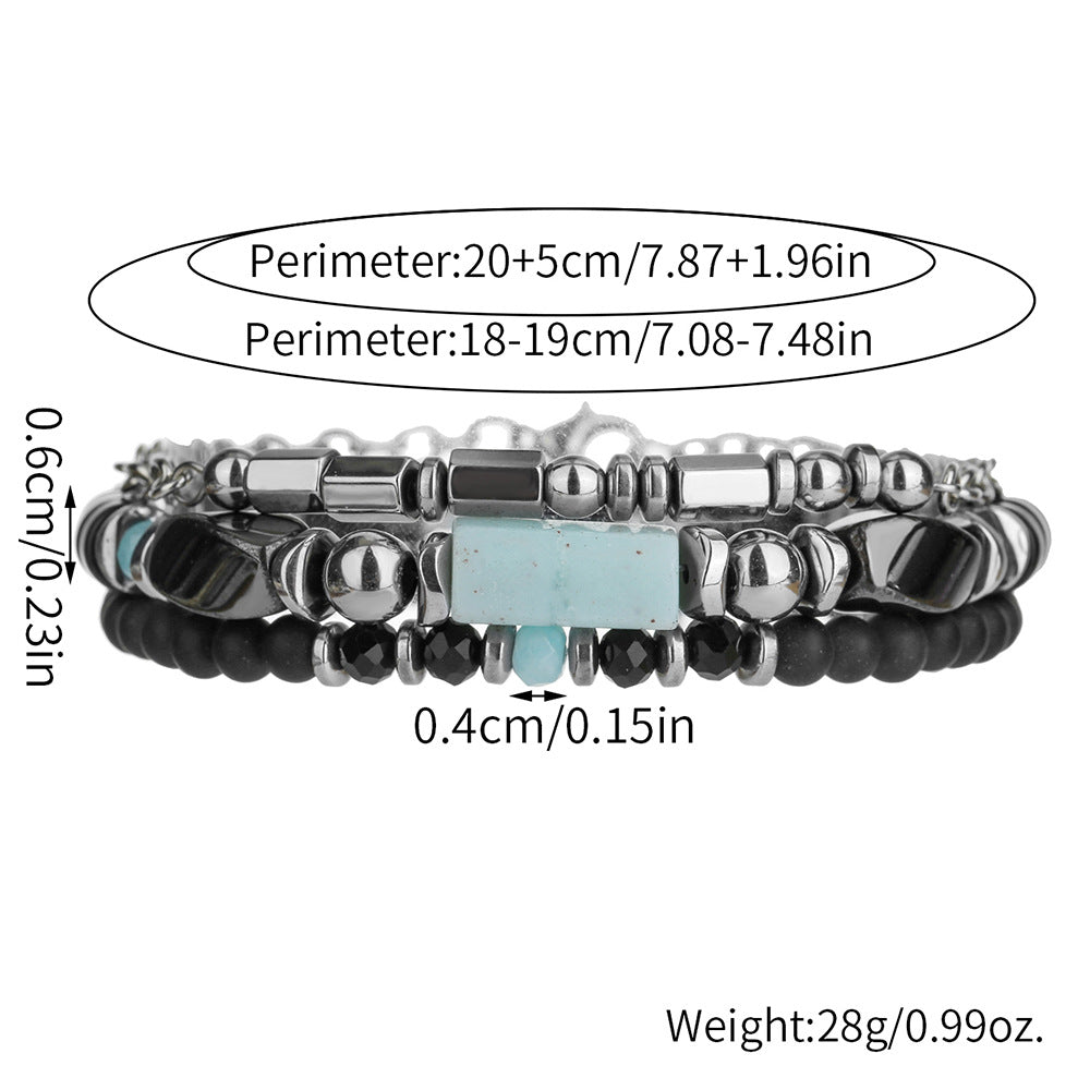 Natural stone and wood bead bracelet men's black matte beaded adjustable chain bracelet multi-layer stacked men's bracelet combination