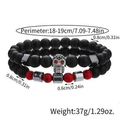 Micro-inlaid zircon skull bracelet set of 2, a set of black matte red pine beaded bracelet combination jewelry wholesale