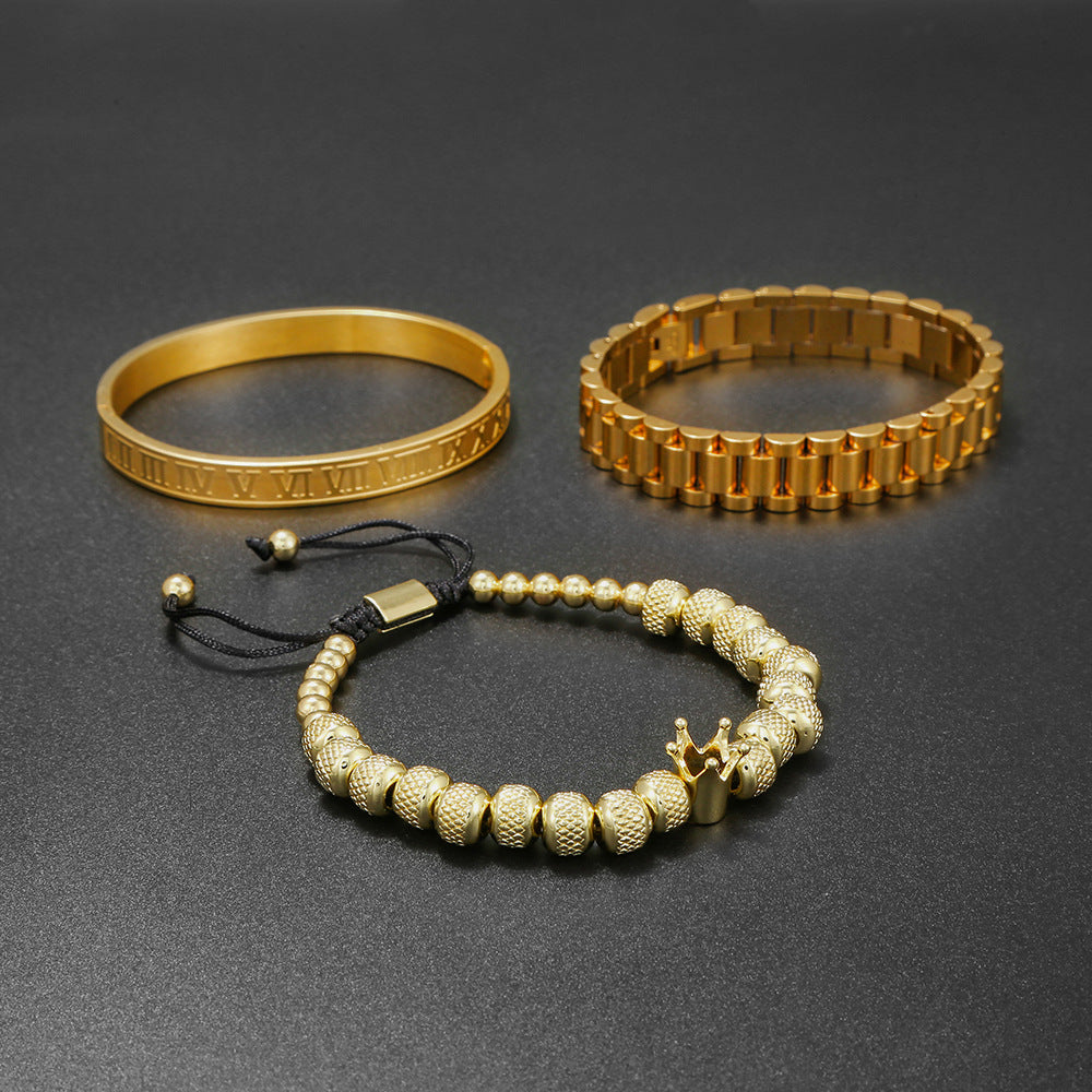 European and American zircon crown woven bracelet set, Roman letter stainless steel strap chain men's bracelet three-piece set