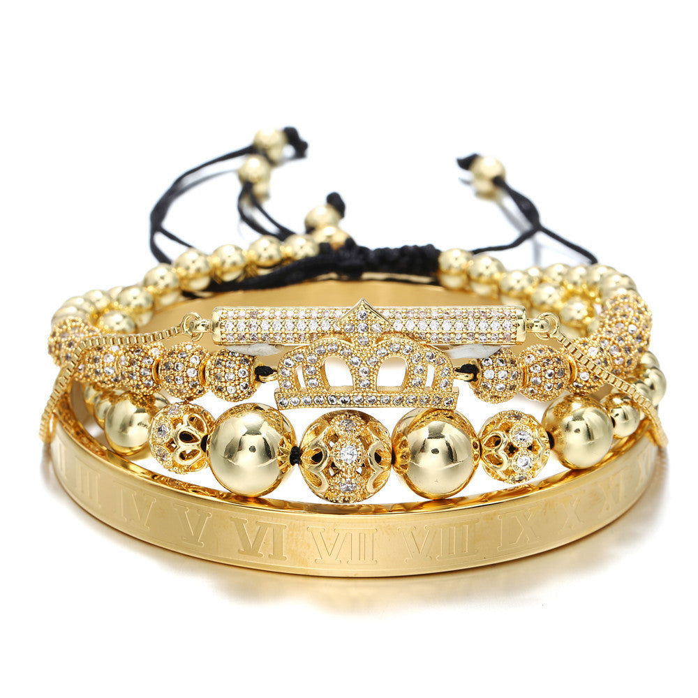 Foreign trade zircon jewelry, cross-border crown diamond ball European and American men's woven adjustable bracelet set 4-piece bracelet set