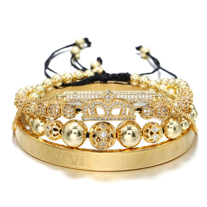 Foreign trade zircon jewelry, cross-border crown diamond ball European and American men's woven adjustable bracelet set 4-piece bracelet set