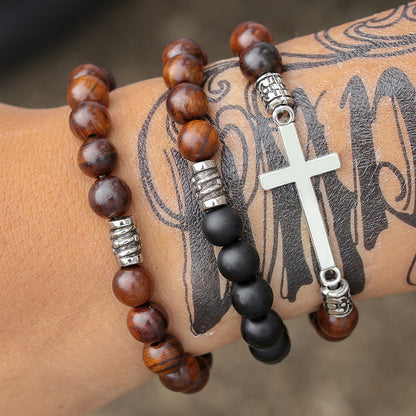 Vintage men's bracelet, Bohemian cross wooden bead bracelet, ethnic style couple multi-layer bracelet set
