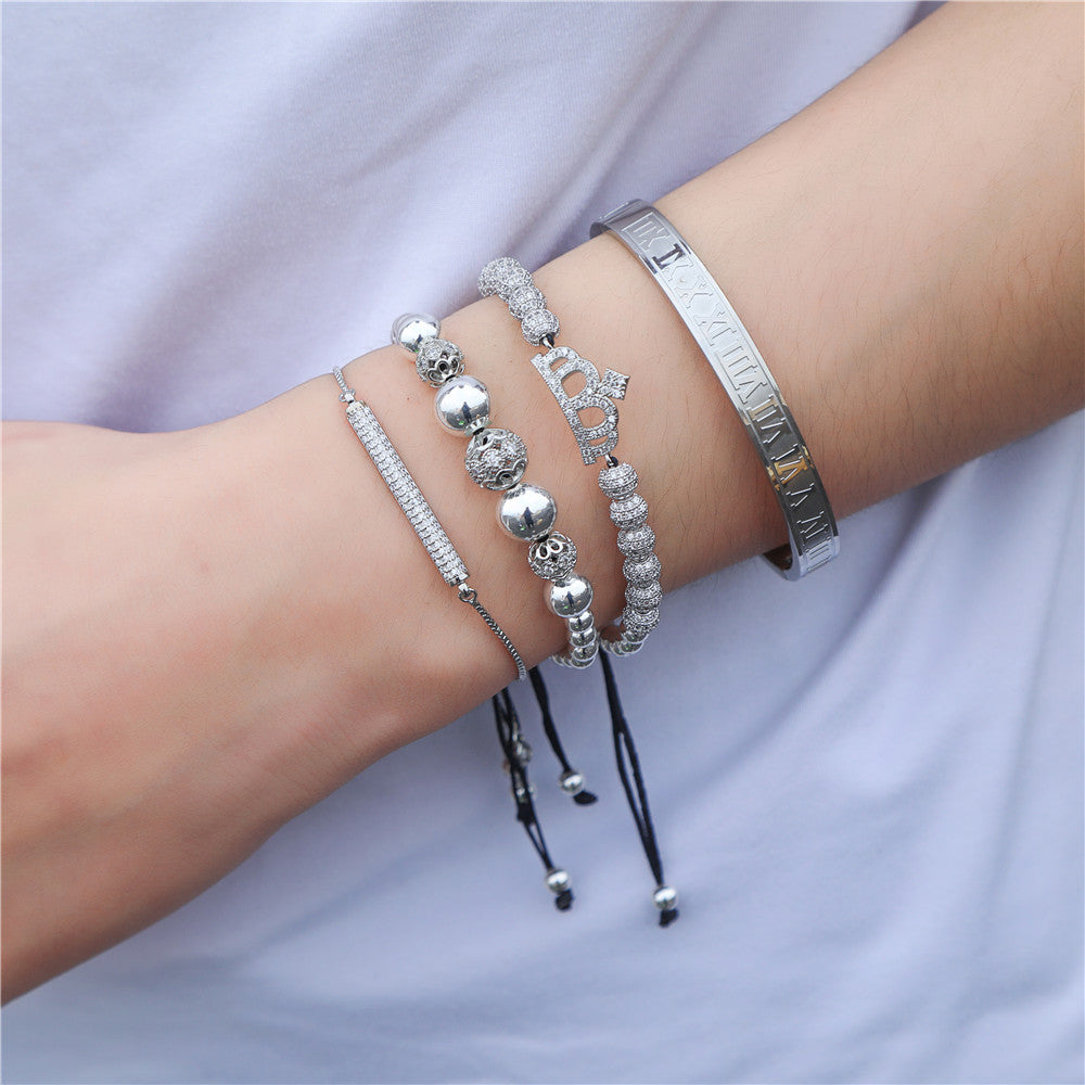 Foreign trade zircon jewelry, cross-border crown diamond ball European and American men's woven adjustable bracelet set 4-piece bracelet set