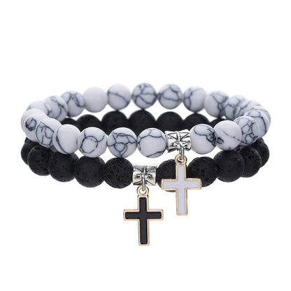 8Mm white pine volcanic stone couple bracelet set, cross-border hot-selling cross astronaut pendant elastic bracelet