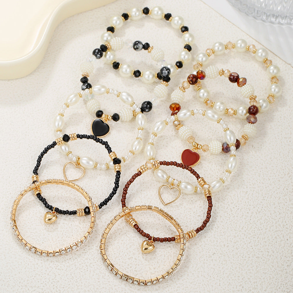 Cross-border European and American multi-piece bracelet handmade beaded pearl rhinestone bracelet female bohemian fashion love bracelet