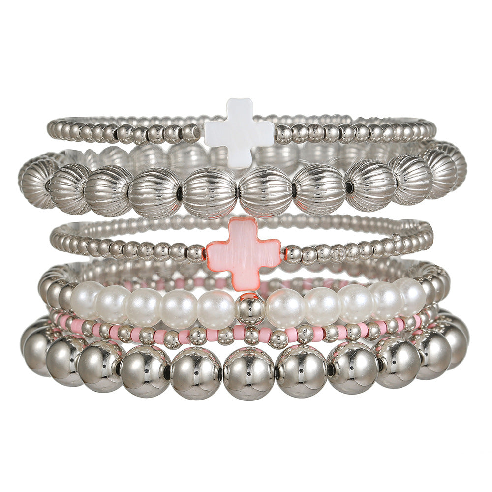 European and American cross-border new hot-selling versatile shell cross set bracelet pearl bracelet CCB stacked bracelet