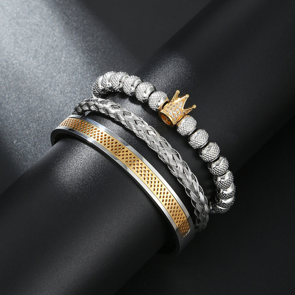 Cross-border new copper-inlaid zircon crown woven bracelet combination stainless steel grid opening titanium steel bracelet set men