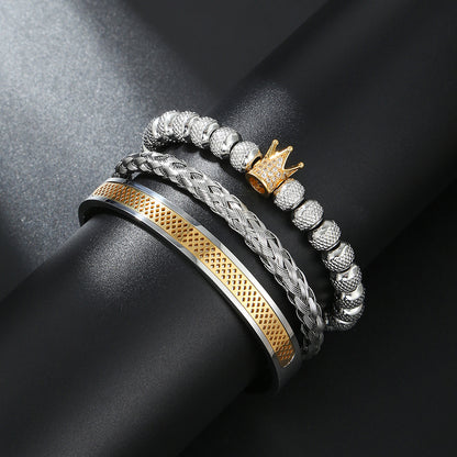 Cross-border new copper-inlaid zircon crown woven bracelet combination stainless steel grid opening titanium steel bracelet set men
