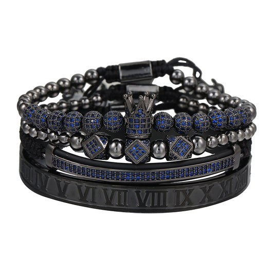 European and American men's micro-inlaid zircon diamond ball crown bracelet, diamond bracelet set, stainless steel Roman bracelet four-piece set
