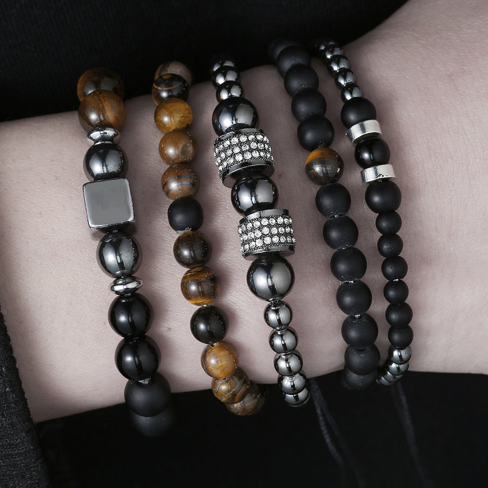 Amazon hot sale natural tiger eye black gallstone men's beaded bracelet, five beads multi-layer set DIY bracelet.
