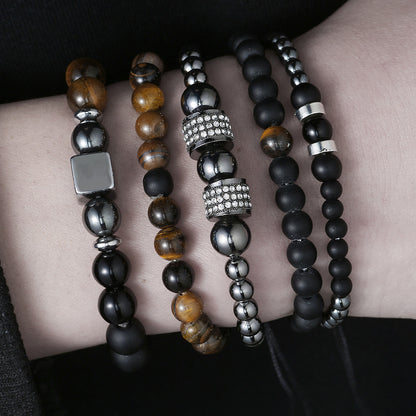 Amazon hot sale natural tiger eye black gallstone men's beaded bracelet, five beads multi-layer set DIY bracelet.