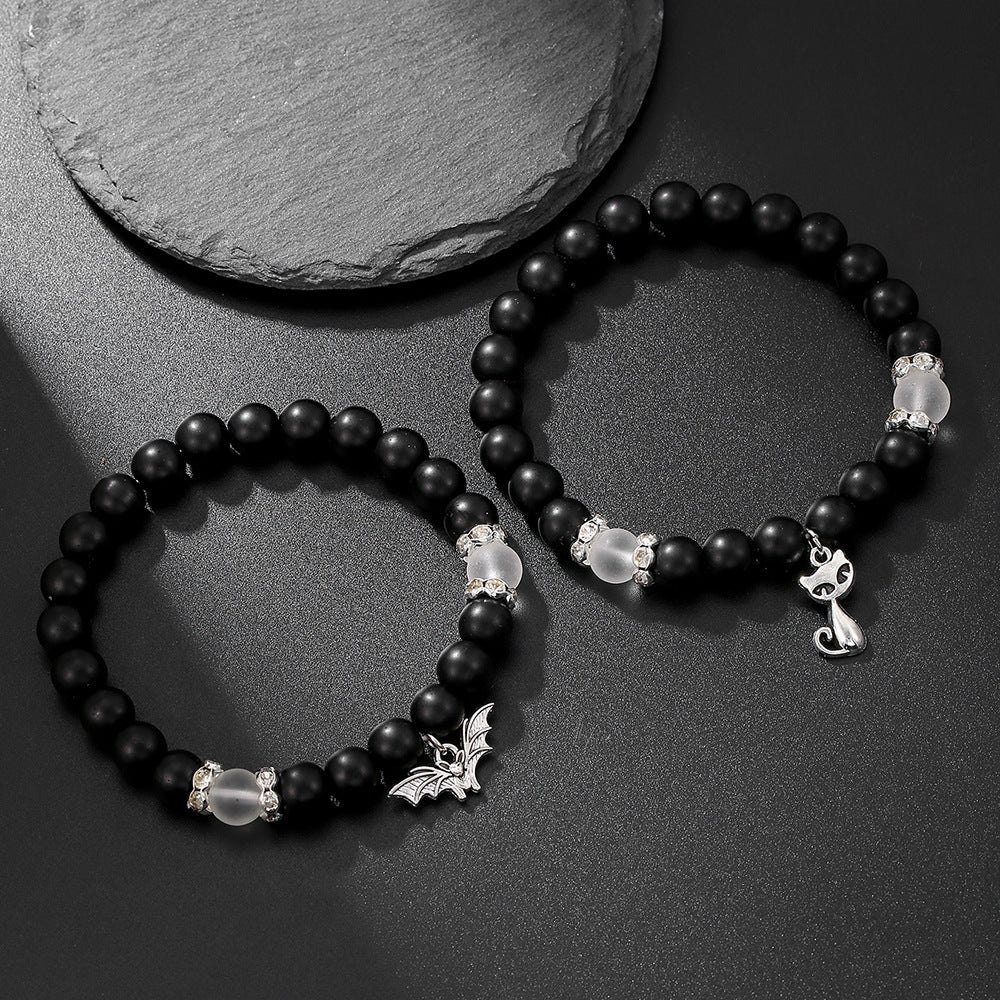 Niche design black matte couple bracelet, elastic bead cat bat pendant, stackable bracelet to give to girlfriend
