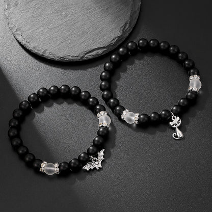 Niche design black matte couple bracelet, elastic bead cat bat pendant, stackable bracelet to give to girlfriend