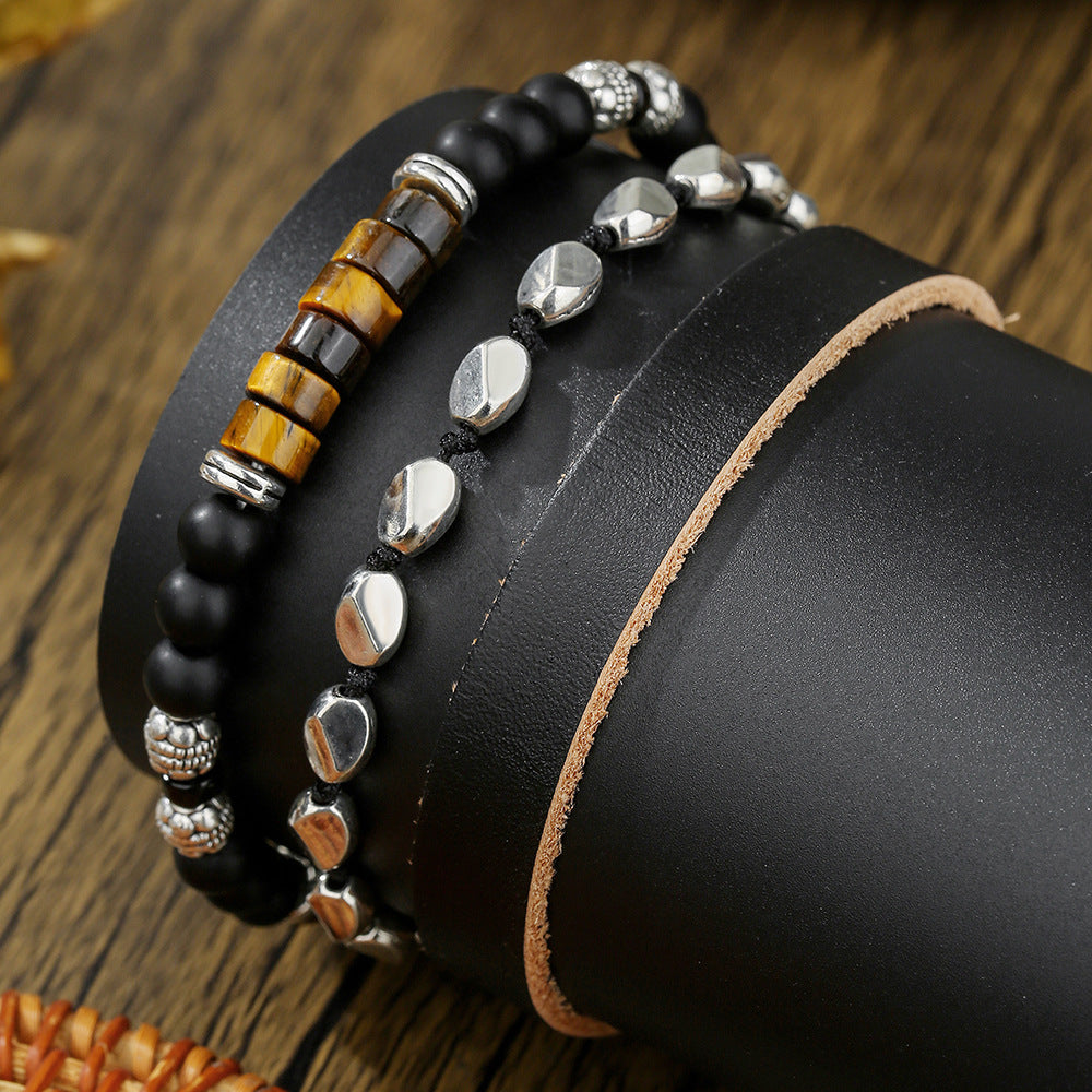 New beaded adjustable yellow tiger eye black agate map stone bracelet combination hip hop men's leather bracelet bracelet