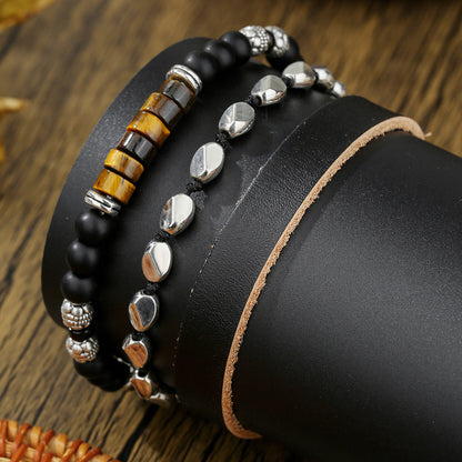 New beaded adjustable yellow tiger eye black agate map stone bracelet combination hip hop men's leather bracelet bracelet