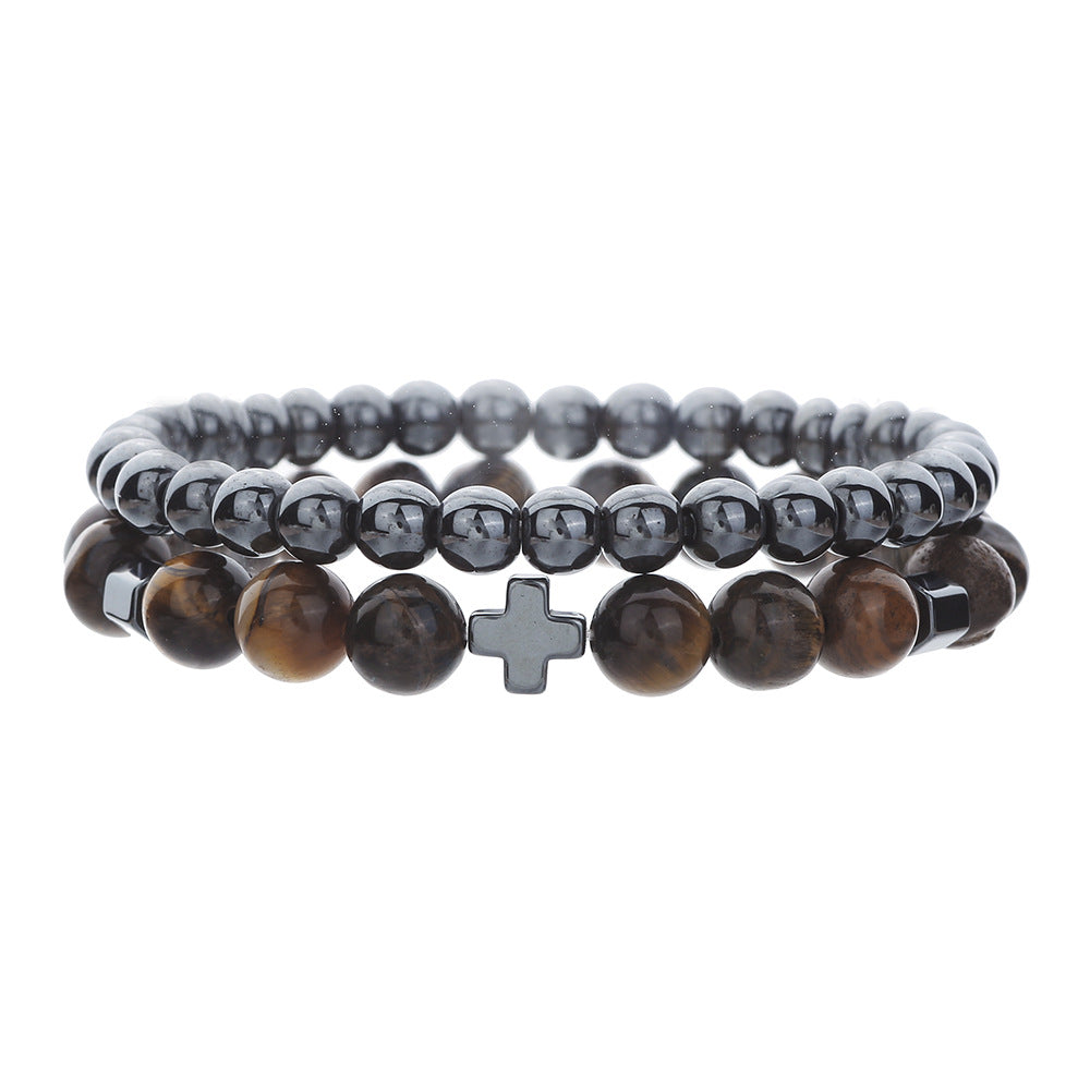 Cross-border fashion volcanic stone tiger's eye stone black gallstone bracelet men's trendy men's simple fashion cross beaded bracelet