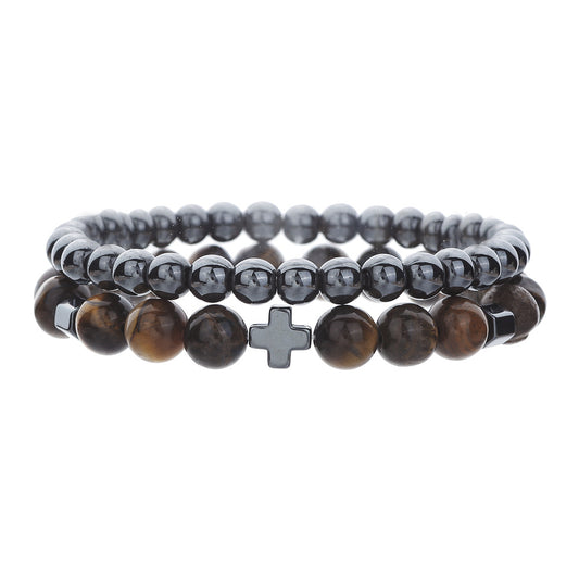 Cross-border fashion volcanic stone tiger's eye stone black gallstone bracelet men's trendy men's simple fashion cross beaded bracelet