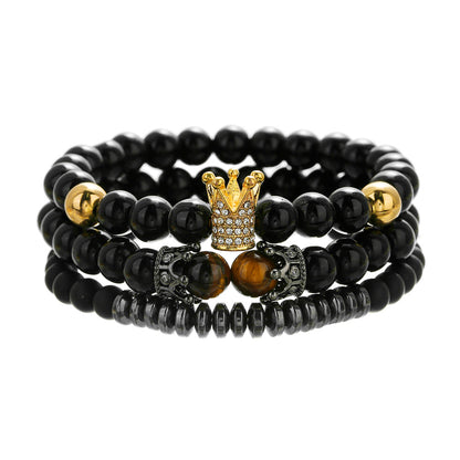 Cross-border new micro-inlaid zircon crown bracelet set, white pine, tiger's eye, volcanic stone elastic woven bracelet combination