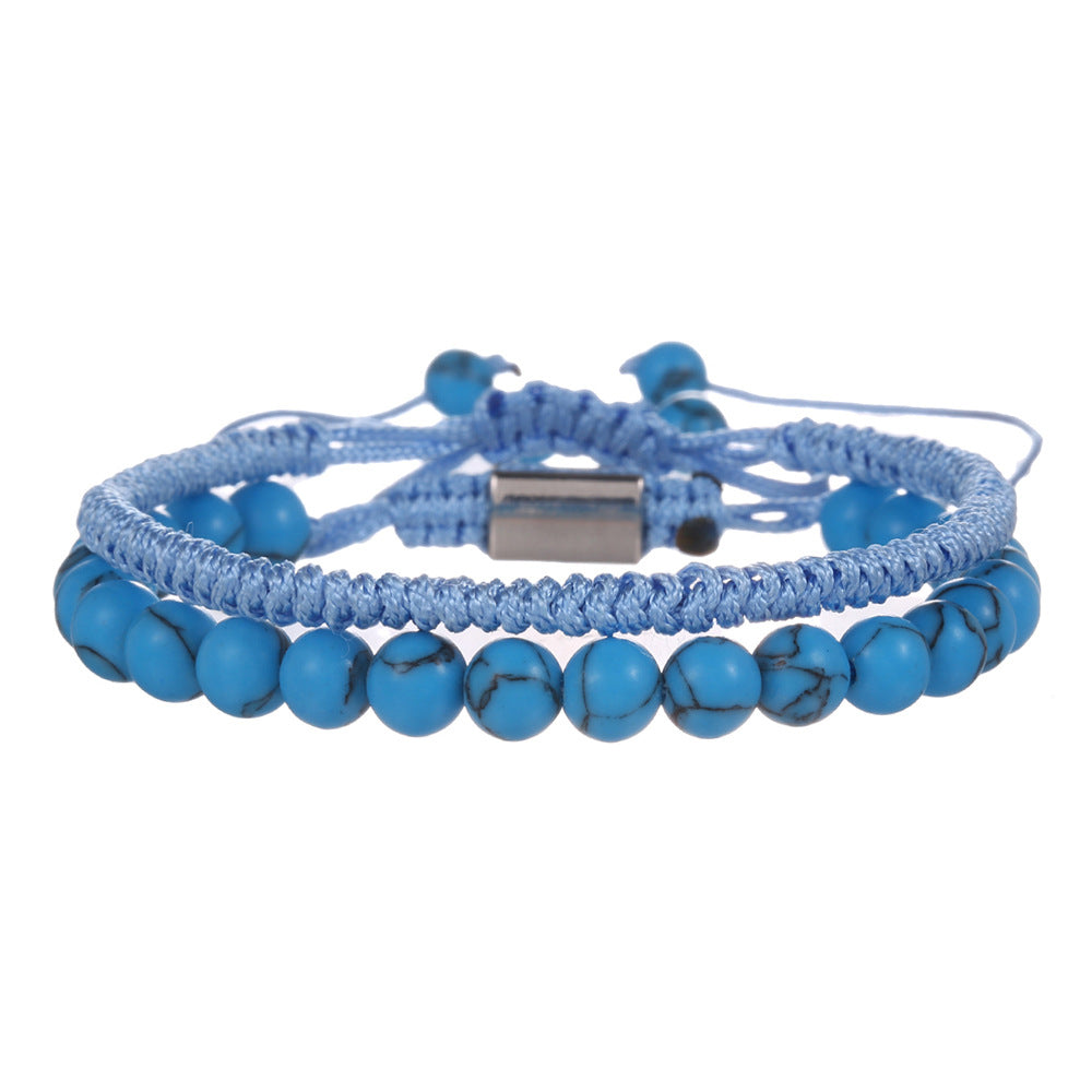 Cross-border hot-selling diamond knot woven bracelet men's combination volcanic stone blue turquoise tiger's eye adjustable couple bracelet