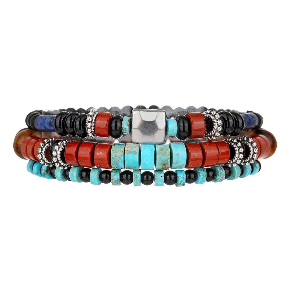 Cross-border new natural stone beaded bracelet combination men's personality retro bohemian black gallstone stacked bracelet