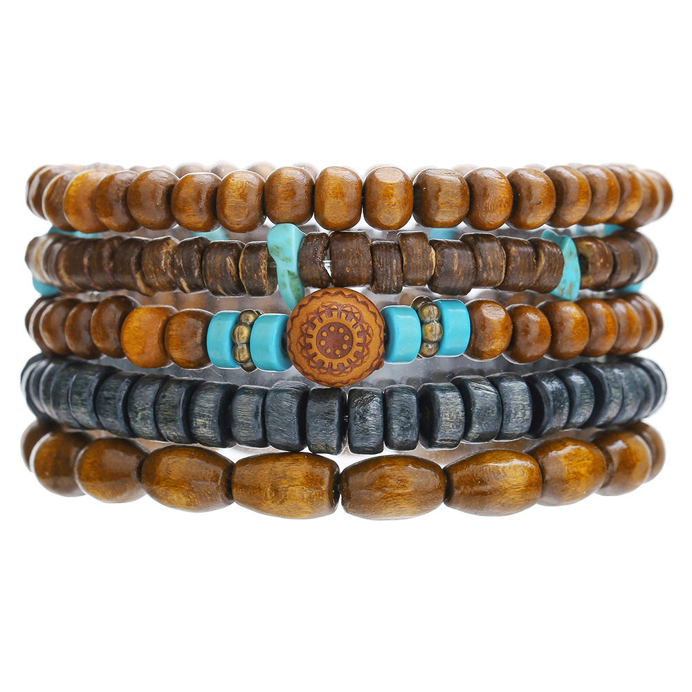 Cross-border hot-selling wood bead alloy multi-layer elastic bracelet bracelet combination European and American retro men's beaded hip-hop bracelet