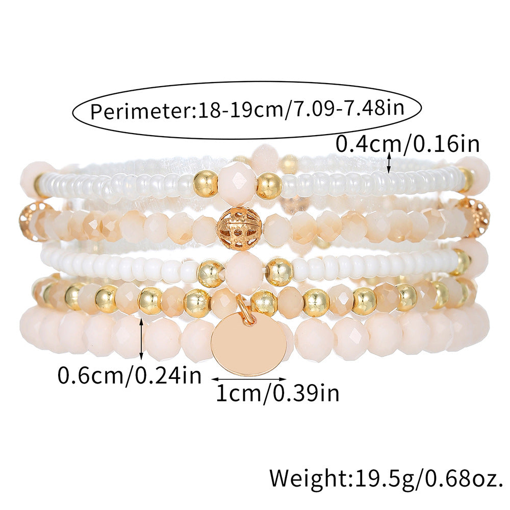 Bohemian style multi-layer stackable bracelet set, simple elastic glass rice bead round pendant, bracelet for women