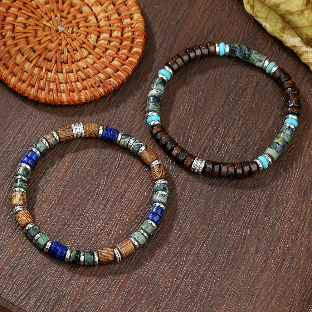 Factory direct sales cross-border wooden bead spacer semi-precious stone blue gold African pine men's bracelet retro beaded bracelet set