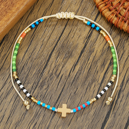 Simple Crystal Pearl Girlfriend Bracelet Bohemian Rainbow Rice Beads Beaded Cross Love Friendship Bracelet