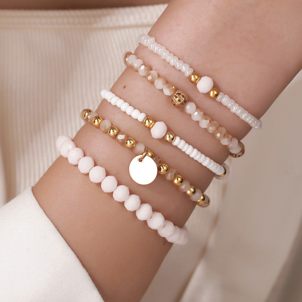 Bohemian style multi-layer stackable bracelet set, simple elastic glass rice bead round pendant, bracelet for women