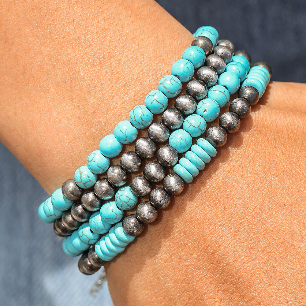 European and American retro brushed tin ccb round bead bracelet Amazon Navajo western handmade beaded turquoise bracelet women