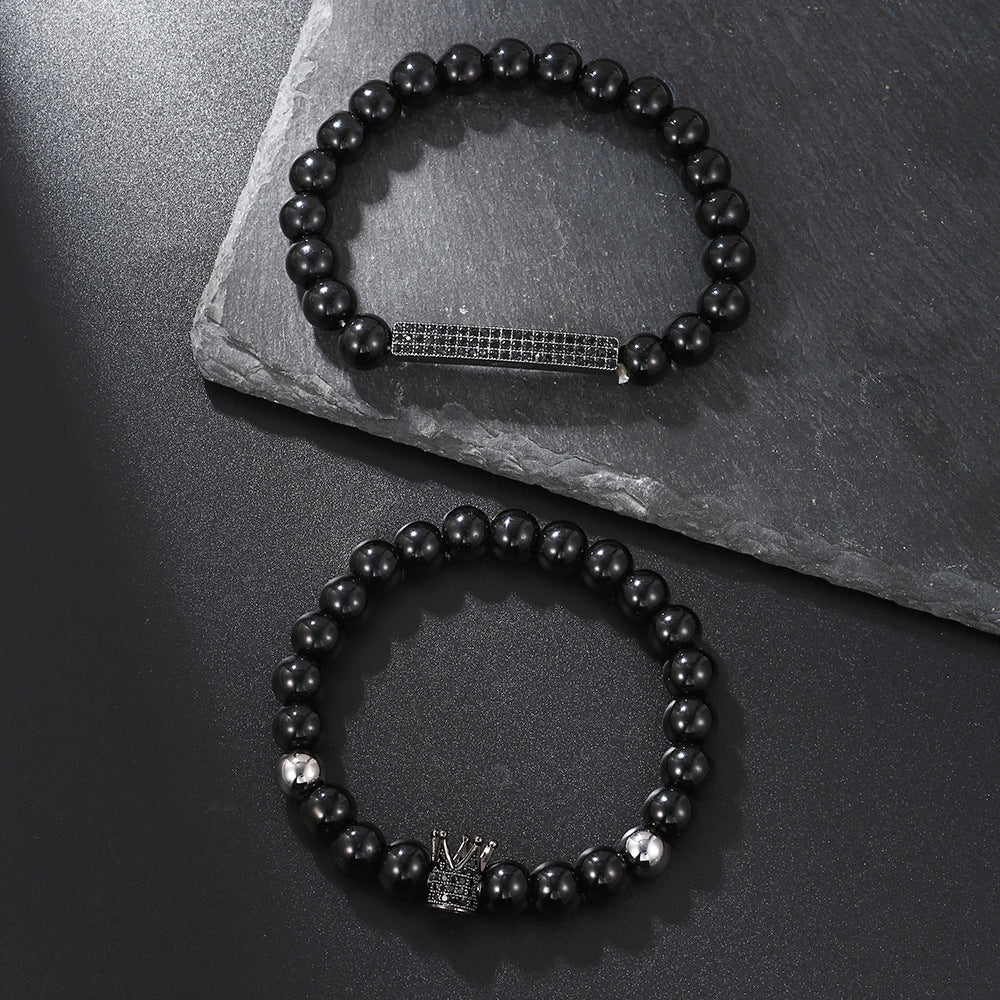 European and American new simple matte black bead volcanic stone crown black zircon bracelet set 2 elastic Buddha bead bracelets
