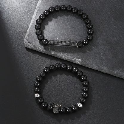 European and American new simple matte black bead volcanic stone crown black zircon bracelet set 2 elastic Buddha bead bracelets