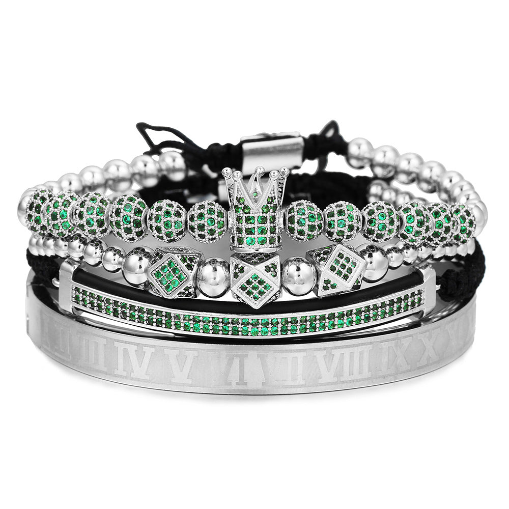 European and American men's micro-inlaid zircon diamond ball crown bracelet, diamond bracelet set, stainless steel Roman bracelet four-piece set