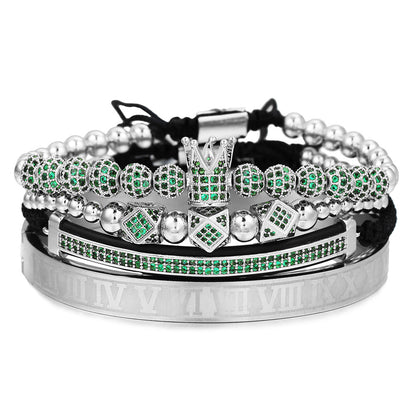 European and American men's micro-inlaid zircon diamond ball crown bracelet, diamond bracelet set, stainless steel Roman bracelet four-piece set