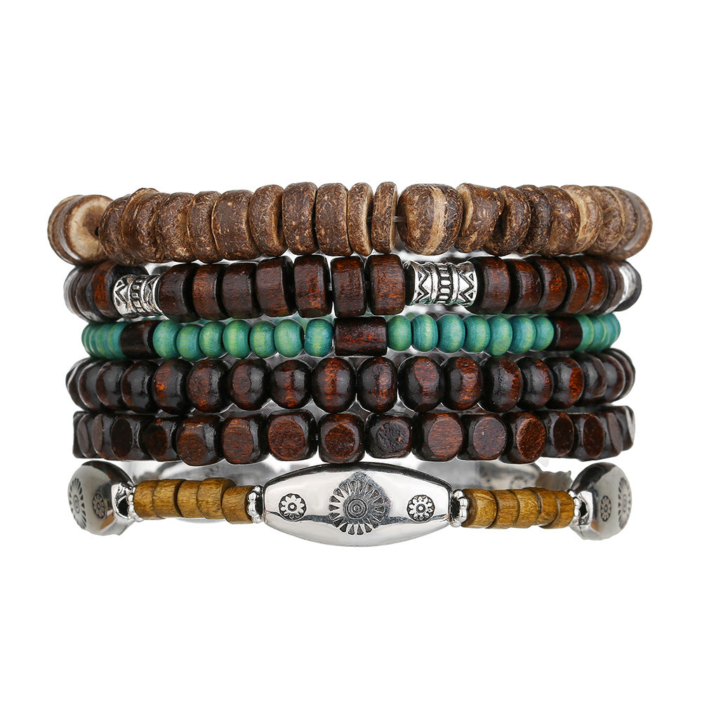 Cross-border hot-selling wood bead alloy multi-layer elastic bracelet bracelet combination European and American retro men's beaded hip-hop bracelet
