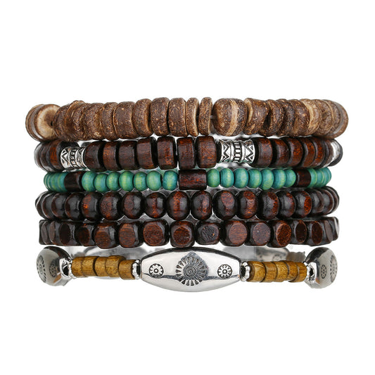 Cross-border hot-selling wood bead alloy multi-layer elastic bracelet bracelet combination European and American retro men's beaded hip-hop bracelet