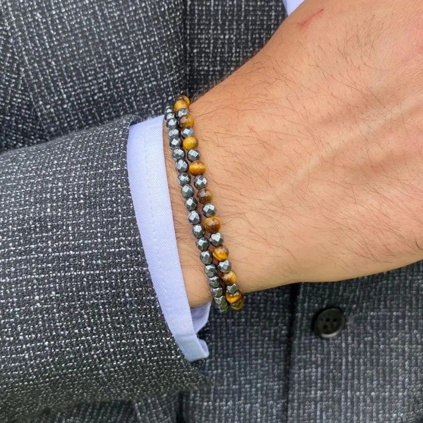 Irregular Cut Black Gallstone Elastic Beaded Bracelet Men's Business Bracelet Stacked Tiger's Eye Bracelet Men's Combination