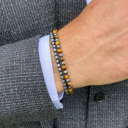 Irregular Cut Black Gallstone Elastic Beaded Bracelet Men's Business Bracelet Stacked Tiger's Eye Bracelet Men's Combination