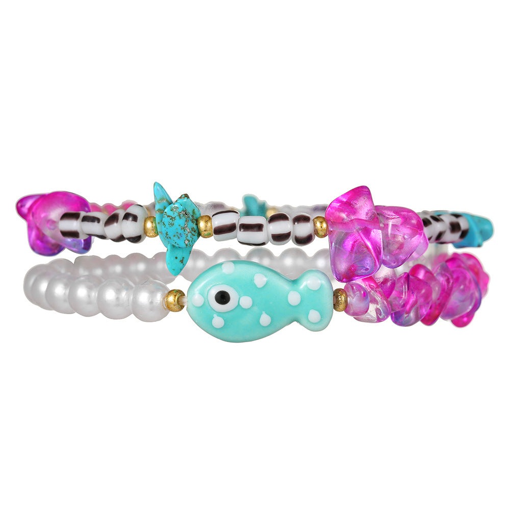 Summer Beach Vacation Wind Beaded Bracelet Ocean Wind Dopamine Ceramic Fish Sweet Glazed Rice Bead Bracelet Female