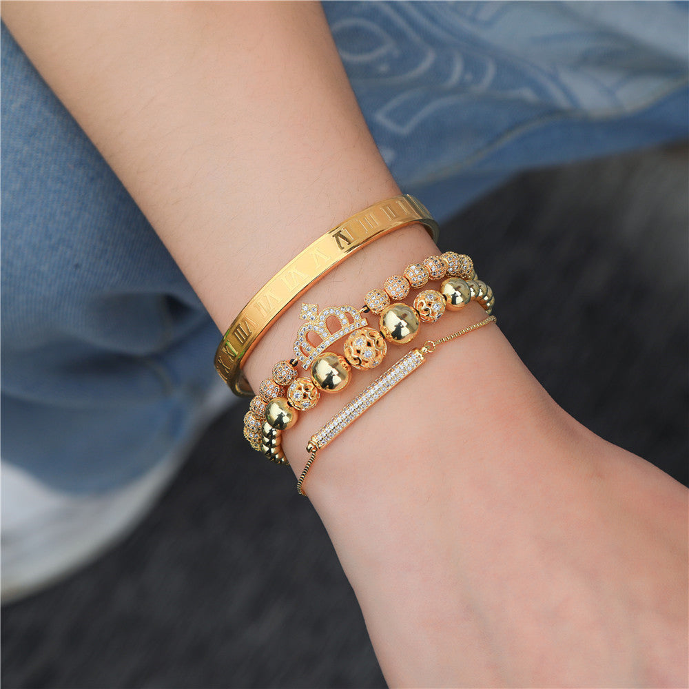 Foreign trade zircon jewelry, cross-border crown diamond ball European and American men's woven adjustable bracelet set 4-piece bracelet set