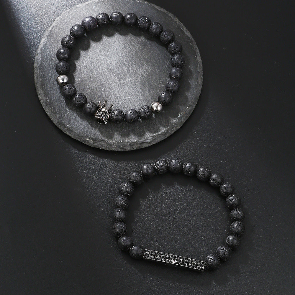 European and American new simple matte black bead volcanic stone crown black zircon bracelet set 2 elastic Buddha bead bracelets