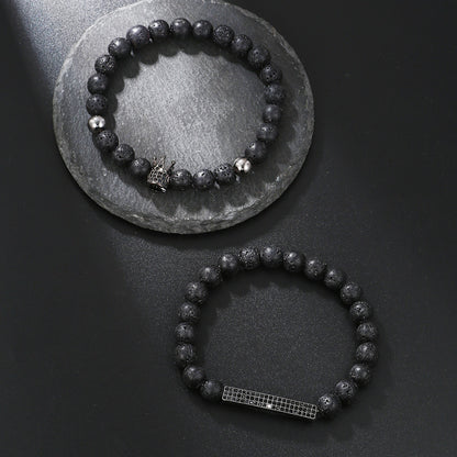 European and American new simple matte black bead volcanic stone crown black zircon bracelet set 2 elastic Buddha bead bracelets
