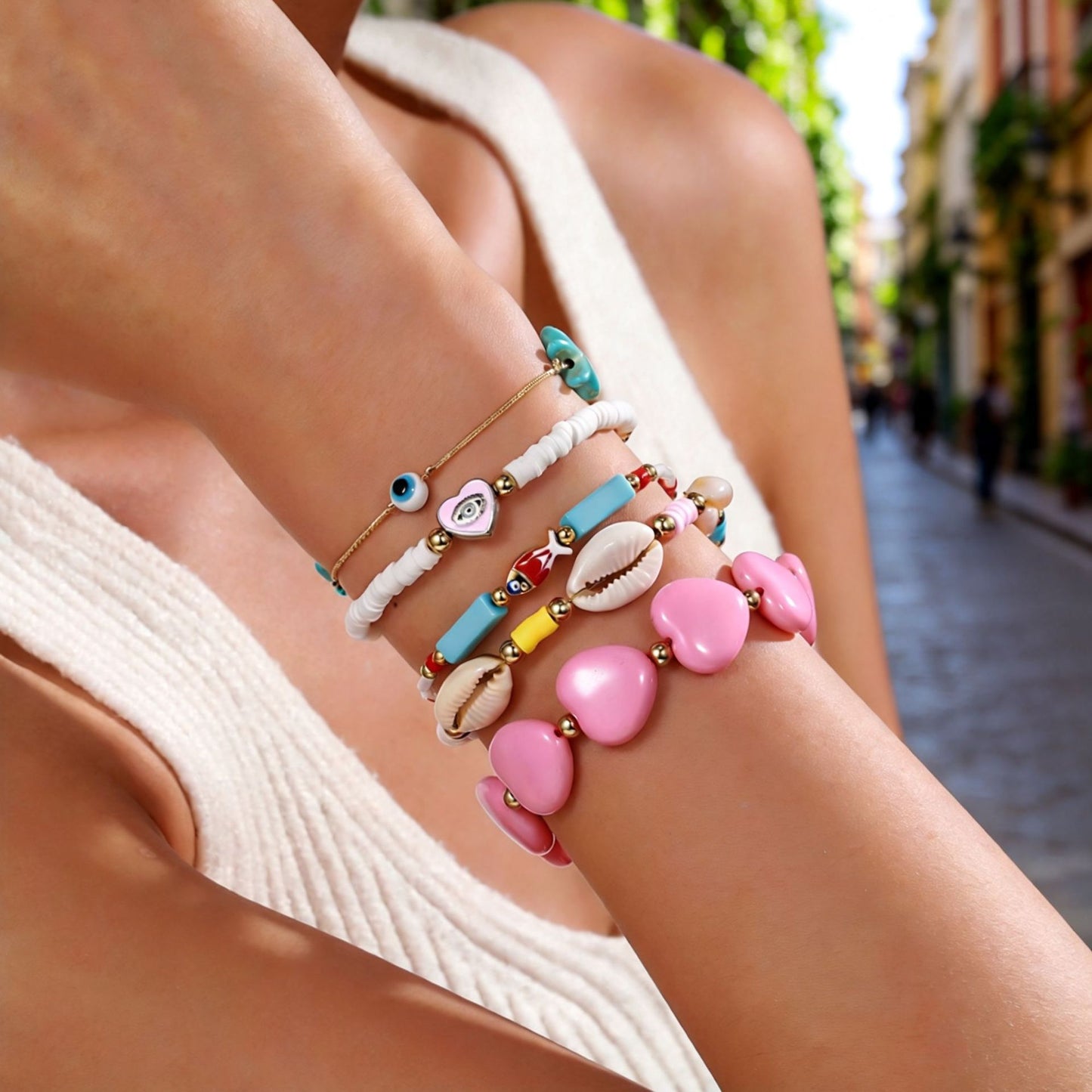 Bohemian vacation wind soft pottery shell beaded woven bracelet beach wind fish eyes turquoise starfish bracelet female